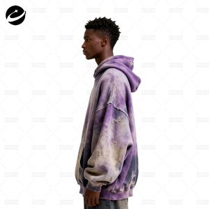 XUCHANG Original de alta calidad para hombre púrpura 100% algodón logotipo personalizado peso pesado de gran tamaño Vintage Tie Dyeing Sudadera con capucha desgastada - Product Image 3