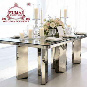Mesa larga moderna de vidrio templado duradero con base de metal plateado brillante para eventos de hotel, comedor comercial y uso al aire libre - Product Image 2