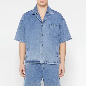 Logotipo personalizado oem moda casual verão 100% algodão, manga curta botão up denim camisa para homens