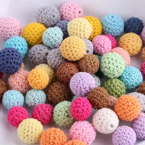 16mm-20mm Handmade Round Woven Cotton Crochet Wood Beaded Teething Toys Wood Baby Toys Crafts Diy Decorative Accessories