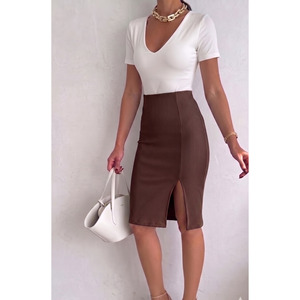 Women's Ribbed Elastic Waist Pencil <b>Skirt</b> 65 Cm Length With Front Slit For Office Wear - Product Image 1