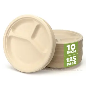 3 Compartment Compostable Heavy Duty Super Eco Biodegradable Brown Unbleached Disposable Sugar Cane Paper Dinner Plate