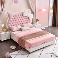 Cama Tapizada en Cuero Rosa con Cabecera de Hello Kitty, Estructura de Cama Estilo Princesa con Cajones para Dormitorio de Niñas