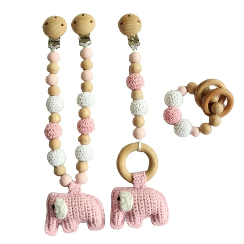 Pasgeboren Baby Toothing Gift 3Pcs Set Armband Wandelwagen Kinderwagen Speelgoed Speenketting Met Gehaakte Olifant Hanger