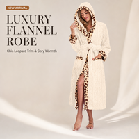Peignoir long en flanelle douce à capuche pour femme, imprimé léopard crème, 240g, en polyester, respirant et thermique, idéal pour la détente et la vente en gros