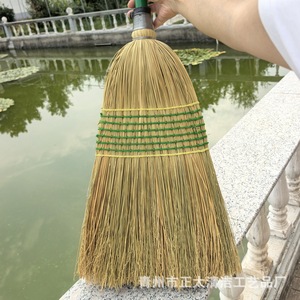 Corn Broom Natural Straw Green Handle Outdoor Garden Cleaning Tool Long Reach Broom Head With <b>Plastic</b> <b>Rod</b> For Yard Patio Use - Product Image 2