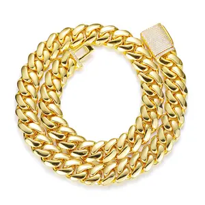 New golden 12/14/16/18/20MM genuine gold electroplated copper Cuban chain with zircon buckle