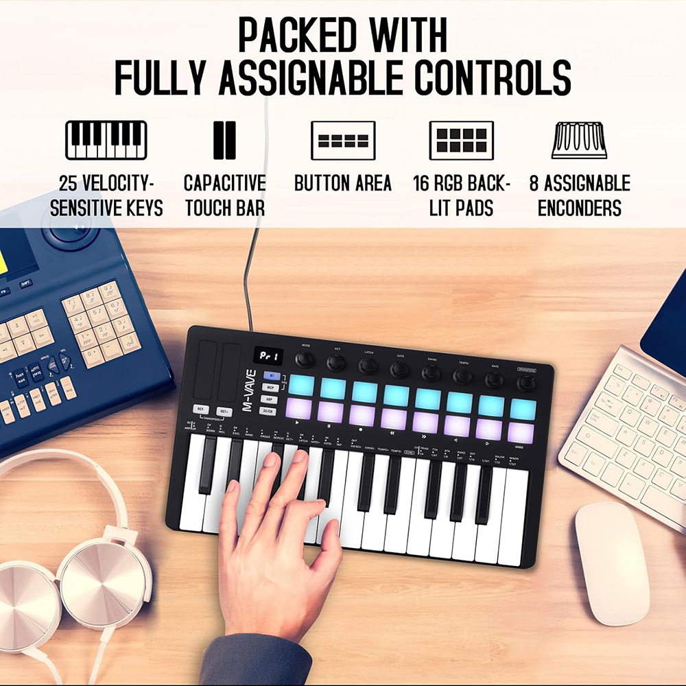 Controlador MIDI M-VAVE De 25 Teclas, Teclado De Control Mini USB Portatil Controlador Midi C M Vave Controlador