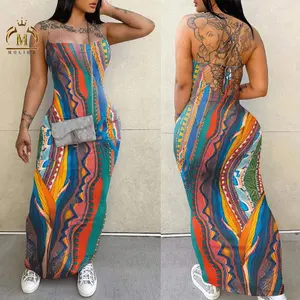 Mùa Hè Trừu Tượng In Midi Dress Spaghetti Dây Đeo Sexy Clubwear Phụ Nữ Thanh Lịch Mỏng Phù Hợp Với Đảng XS Kích Thước Dresses Phụ Nữ Giản Dị