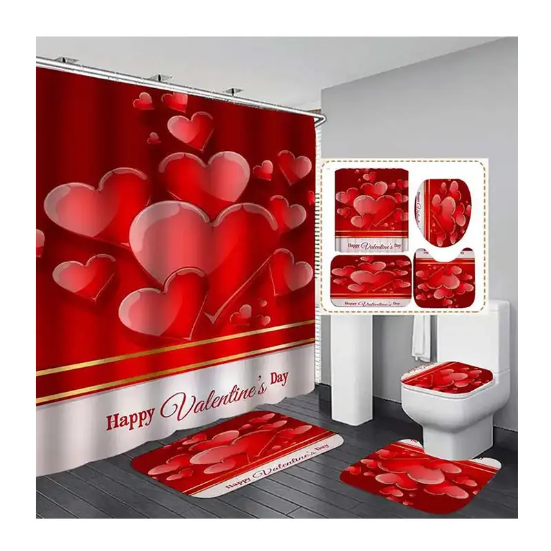 water proof shower curtain sets with hooks Valentine's Day cartoon digital printing bathroom window curtain
