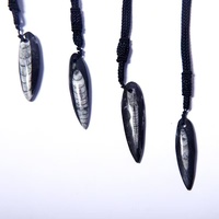Pendentif en Fossile d'Orthocéras Naturel Poli à la Main, Cristal Noir de Guérison, Bijou Feng Shui, Pierre Précieuse