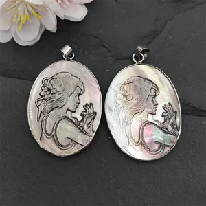 Mode Baru Bezel Perak Bentuk Oval Keindahan Kepala Wanita Liontin Buatan Tangan Diukir Cangkang Alami Cameo Wanita Perhiasan Hadiah untuk Kalung