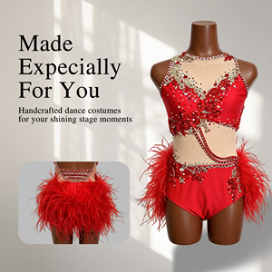 Traje de Danza Jazz Lírico Rojo con Pedrería y Plumas, sin Mangas, para Danza Latina, para Mujeres Adultas, para Competencia y Actuaciones en Escenario - Product Image 1