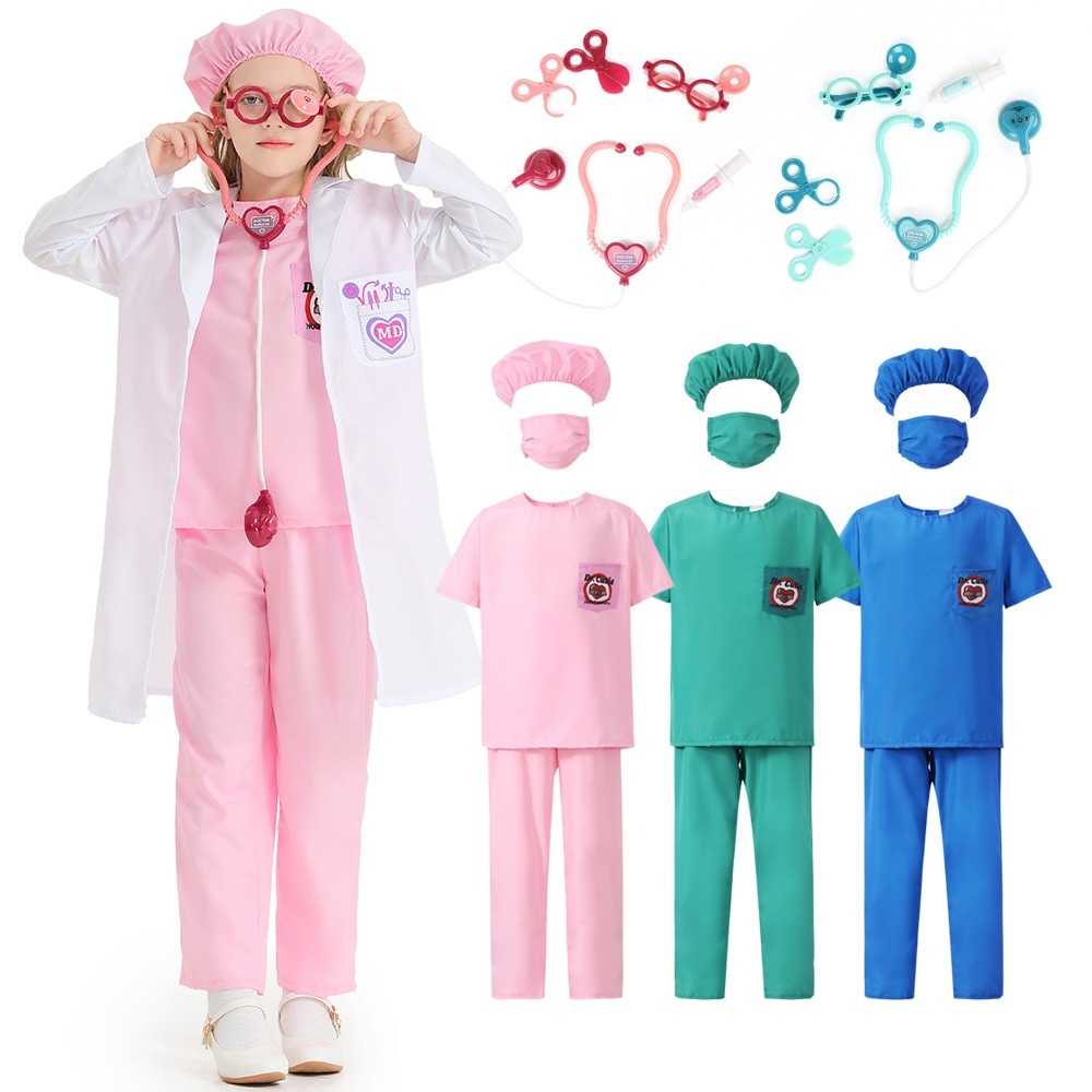 32 Pcs Doctor Costume For Kids - Pink Robe & Hat, Dentist Role Play Set For Toddlers 3-5