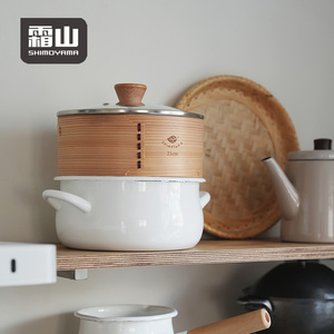 Ensemble de 3 ustensiles de cuisine SHIMOYAMA : Marmite en émail avec cuiseur vapeur en bambou et couvercle en verre, idéal pour faire bouillir, faire mijoter et cuire à la vapeur - Product Image 4
