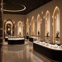 Aménagement intérieur de bijouterie de luxe de style brutaliste, vitrine arquée noire et or sur mesure et aménagement de boutique pour centres commerciaux de luxe