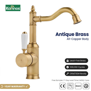 French Modern Retro Brass Basin Faucet Bathroom Single Handle Hot Cold Water Mixer <b>Deck</b> Mounted <b>Brushed</b> Gold Finish - Product Image 1