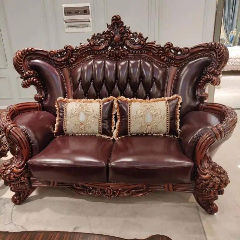 Factory direct luxury hand carved furniture leather European style living room antique sofa