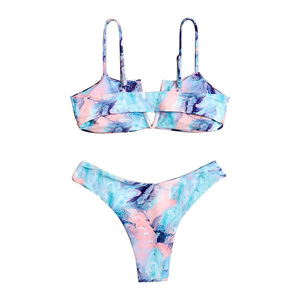 2024 personnalisé Floral taille haute Triangle Bikini populaire Sexy Spandex slip avec cravate String femmes deux pièces maillots de bain plage - Product Image 6