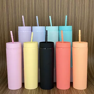 wholesale 16oz customized matte painted double wall plastic skinny tumbler with straw