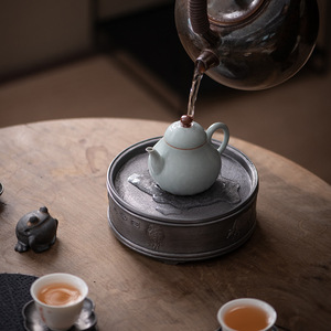 Antique Tin Teapot Stand Round With Lid Water Storage Five Oxen Design Kung Fu <b>Tea</b> <b>Set</b> - Product Image 3