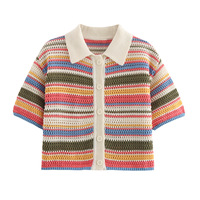 Chemisier cardigan rayé à manches courtes boutonné pour femme, en polyester 100 % anti-boulochage, pour ensemble décontracté avec short taille haute