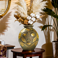 Vase en résine fait main à motif facial, vert et or, sculpture artistique en relief pour herbes séchées, décoration créative pour table, maison et salon