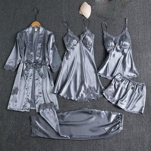 Ropa para el hogar con <span class=keywords><strong>Jama</strong></span> de cuero Pijamas de mujer con almohadillas para el pecho Conjunto de pijamas de encaje sexy de satén Pijamas de seda - Product Image 4