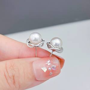 22385 S925 <b>Silver</b> <b>Stud</b> Earrings DIY Pearl Accessories with 7-8mm Round Beads Simple <b>Silver</b> Jewelry with Empty Tray - Product Image 2