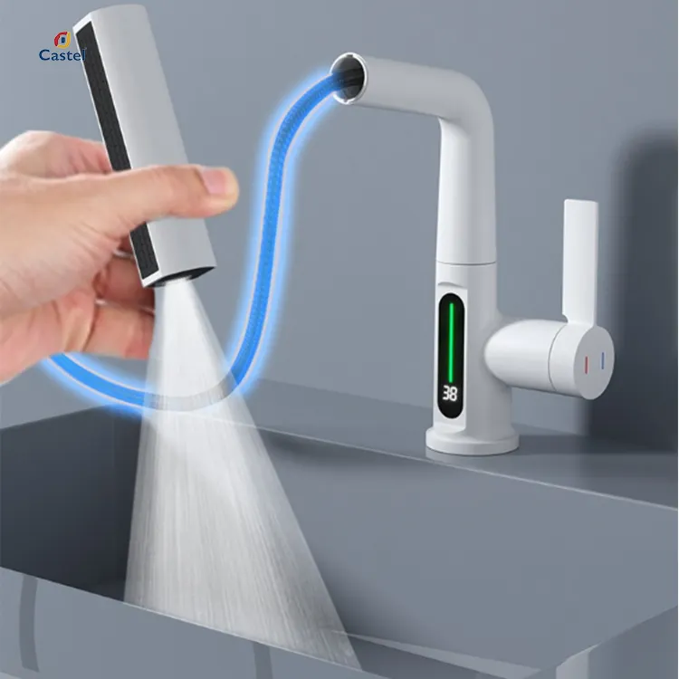 Водопад Смесители для ванной комнаты с опрыскивателем, смеситель для раковины с цифровым дисплеем температуры, регулируемый по высоте кран для раковины