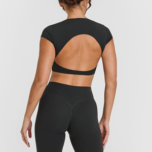 Women's Yoga Set Black Cut Out Back Short Sleeve High Elasticity Fitness Workout Wear For Young Women Summer 2025 - Product Image 1