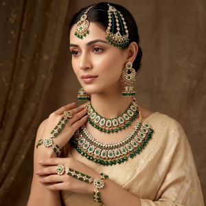 Indian Traditional Emerald & Mint Green Kundan Gold Plated Bridal Choker Necklace <b>Set</b> with Earrings & Maang Tika for Wedding - Product Image 1