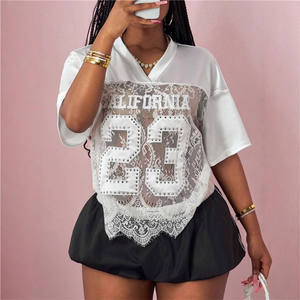 Fashion Y2K Letter Stitching Lace Loose Tshirt Women Neck Short Sleeve <strong>See</strong> <strong>Though</strong> Hollow Out <strong>Tops</strong> - Product Image 3