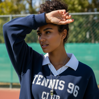Ensemble de survêtement de tennis pour femmes, sweat-shirt à col polo contrastant, short de survêtement imprimé, bleu marine, ensemble de survêtement 2 pièces, vente en gros