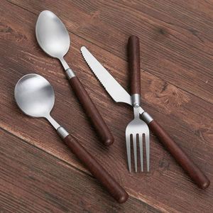 Stainless Steel Knife Fork Spoon Set <b>Walnut</b> Handles Retro Light Luxury Design <b>Mirror</b> Polished Reusable Household - Product Image 2