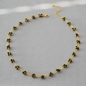 韩国花式黄铜黑色水晶项链镀金方形空心项链