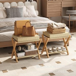 Solid Wood <b>Shoe</b> Changing Stool With <b>Storage</b> Foldable Footrest For Entryway Living Room - Product Image 2