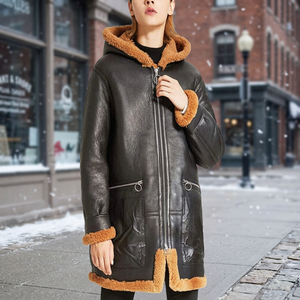 Men's Winter Warm Sheepskin <b>Leather</b> Bomber Jacket <b>with</b> <b>Fur</b> Trim Hooded Woolen Fabric OEM Service Finished - Product Image 3