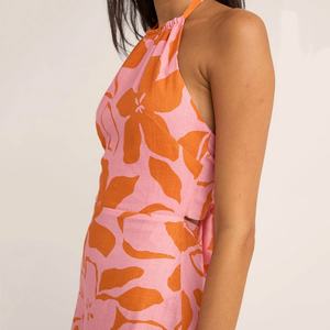 Robe de plage à col halter à imprimé hawaïen de haute qualité, vente chaude, design OEM, 100% lin, robe décontractée courte - Product Image 4