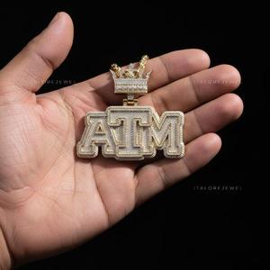 Nouveau Pendentif Lettre ATM en Argent Plaqué Or 24K avec Couronne Moissanite, Bijou Unisexe Hip Hop pour Fête - Product Image 4