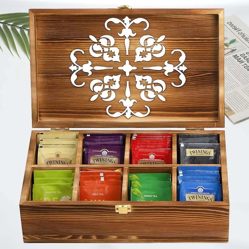 Caja de almacenamiento de bolsitas de té de madera con tapa tallada, organizador de cofre de té de 8 compartimentos, contenedor de paquetes de especias para sala de estar y cocina