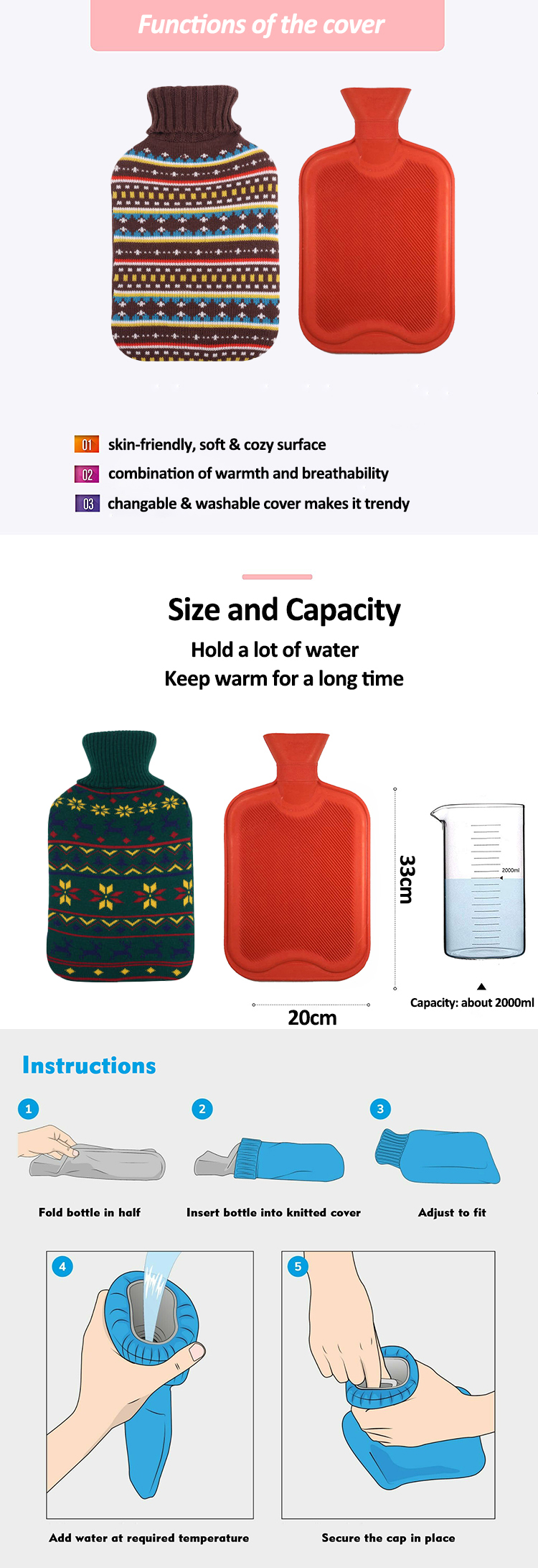 multi colour 750ml 1000ml 2000ml bs rubber hot water bottle hot water bag knitting cover