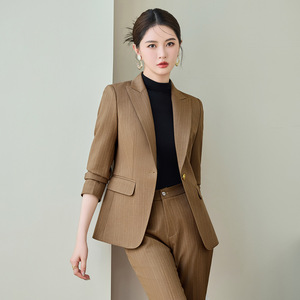 Green Striped Women's Suit Set Polyester Anti-Wrinkle Casual Professional Wear - Product Image 4