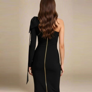 本季热销蝴蝶结修身连衣裙针织晚礼服斜挎裹身女式时尚优雅及膝 - Product Image 3