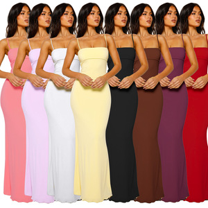 Abito lungo da donna Primavera/Estate 2026 con doppio strato, scollo quadrato, tinta unita, vita naturale, spalline sottili, senza schienale, aderente, da sera - Product Image 1