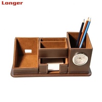 Organisateur de bureau en cuir PU LG-B050 pour stylos/crayons, boîte de rangement multifonction pour téléphone portable/télécommande avec HORLOGE, fournitures de bureau