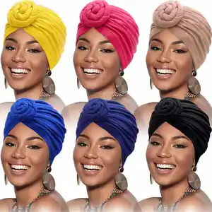 Wholesale Fashion Women Cotton Print African Turban Flower Knot Pre-Tied Bonnet Beanie Headwrap Hat