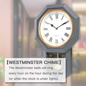 Pendulum Wall <strong>Clock</strong> with <strong>Westminster</strong> <strong>Chime</strong>, Quartz Battery Operated <strong>Clocks</strong> with Auto Night Shut-Off for Home Decor - Product Image 4