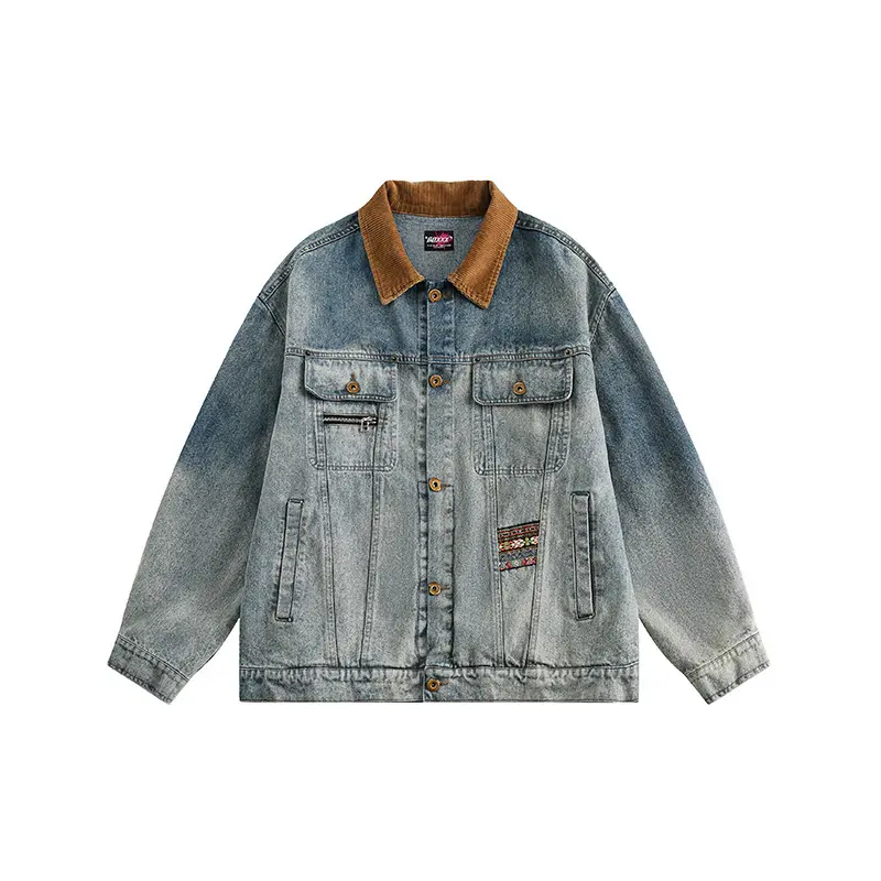 2024 ฤดูใบไม้ผลิใหม่Spliced Denim CoatอเมริกันRetro Distressedล้างDenim JacketคอนอนกราฟDenim Designและแฟชั่นแจ็คเก็ต