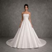 Gaun Pengantin A-Line Tanpa Tali Berhias Mutiara Kristal dan Manik-Manik pada Bagian Atas, Bahan Satin Tebal, Ukuran Besar, Gaun Pengantin Kustom Grosir Pabrik